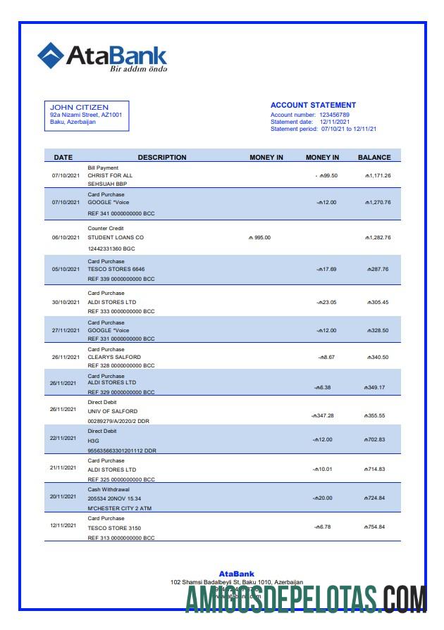 Exemplo de extrato bancário do Azerbaijão AtaBank